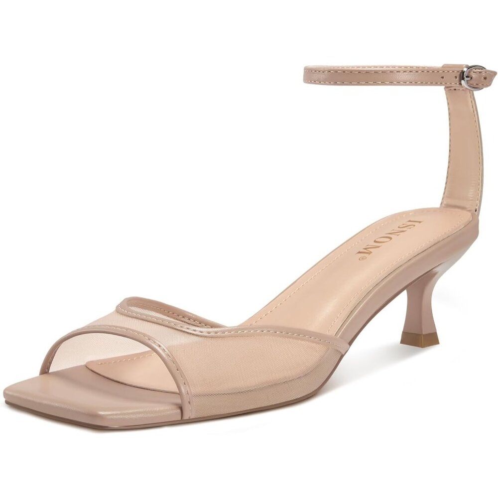Women's Matte Nude Mesh Kitten Heels Sandals Square Toe Buckle Strap Low Heel